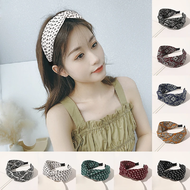 

Fashion Women Cross Knot Wide Headband Daisy Love Heart Print Hairband Turban Girls Head Hoop Pleated Hair Hoop Hair Accessories