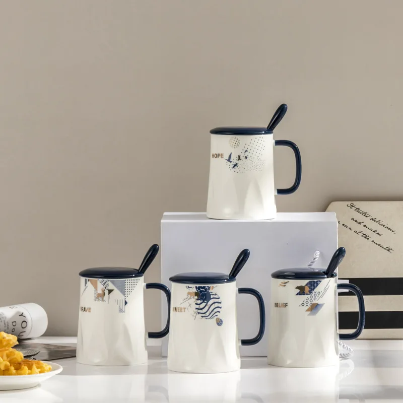 Ins Ceramic Nordic Brief Milk Mug With Lid Spoon Oatmeal Cup Breakfast Couple Lovely Coffee Cups Drinkware Mugs Office Gift