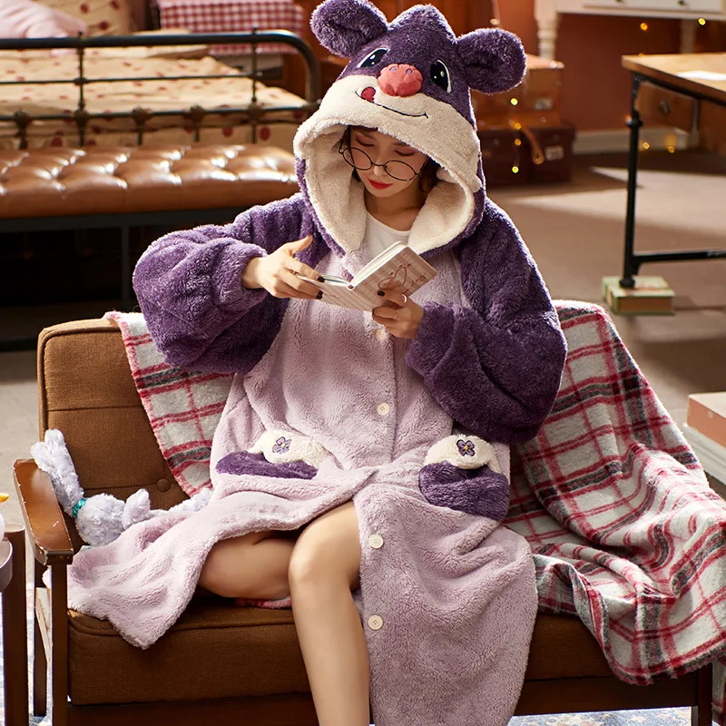 2021 Autumn and Winter Nightgown Rabbit Ears Sweet Coral Velvet Bathrobe To Keep Warm Long Flannel Plus Size Clothing for Women