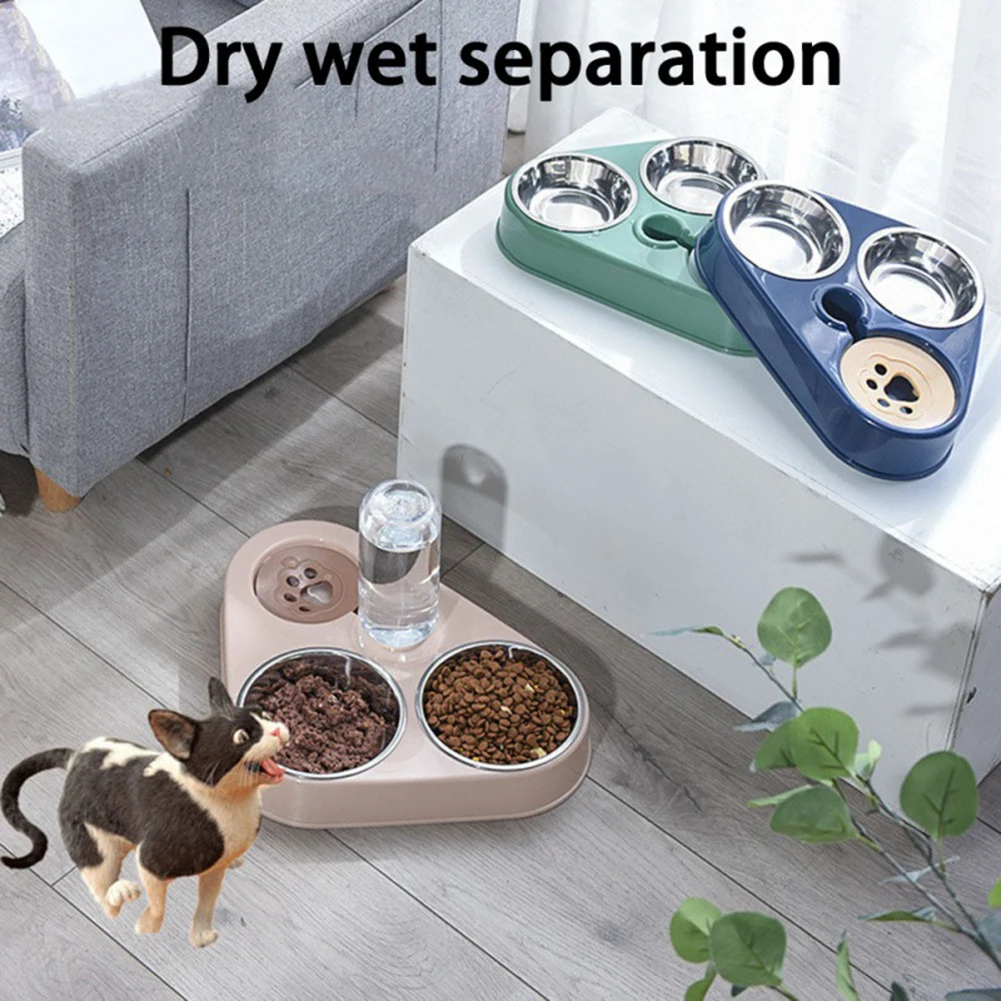 

3 in 1 Cat Dog Double Feeder Bowl Drinking Anti-Tipping Non-Wetting Mouth Fountain Automatic Food Container Anti Tipping