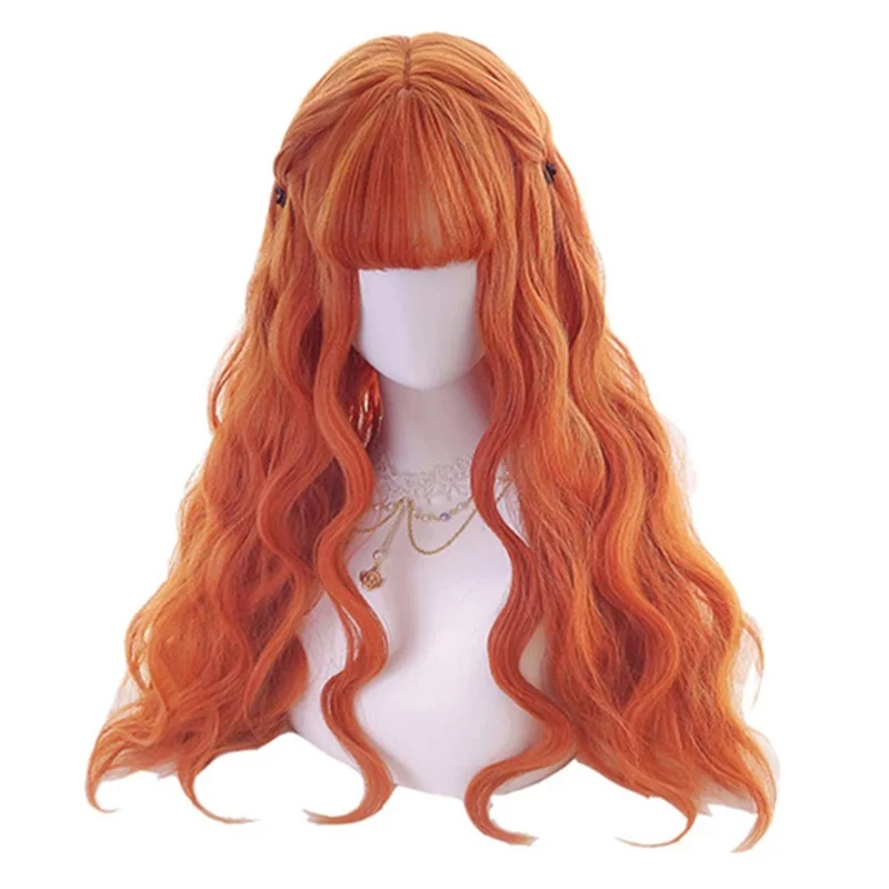 

28inches 70cm Long Orange Lolita Wig Woman Hair Wavy Cosplay Wig Halloween Harajuku Wigs Heat Resistant Synthetic Hair + Wig Cap