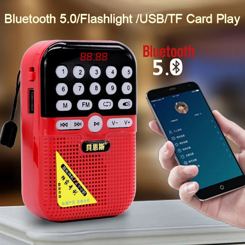 Mini Radio Portable FM Radio Receiver Wireless Bluetooth Loudspeaker with Luminous Button Flashlight Support USB TF Card Play