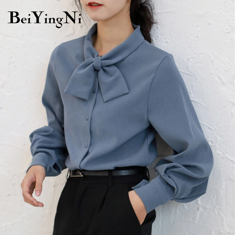 

Beiyingni Fashion Casual Bow Tie Blouses Womens Tops Oversized Vintage Solid Color Shirts Female Autumn Winter Long Sleeve Blusa