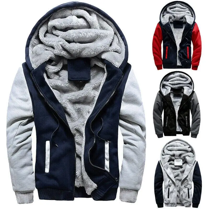 

Men Warm Thick Zip Up Hoodies Fleece Fur Lined Hoody Coat Jacket Outwear Tops