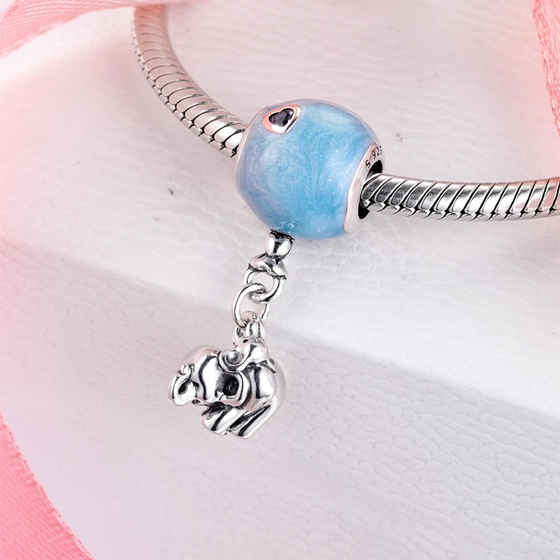 925 Оригинальный Шарм-подвеска в виде слона и синего шара подходящий для браслета