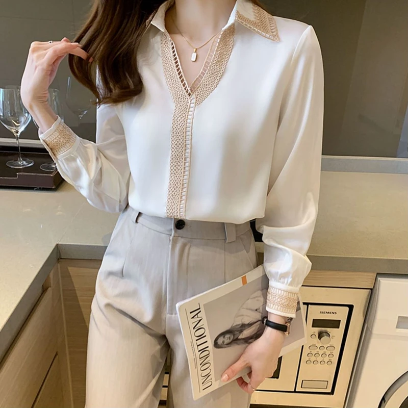 Женская шифоновая блузка с V-образным вырезом и длинным рукавом |