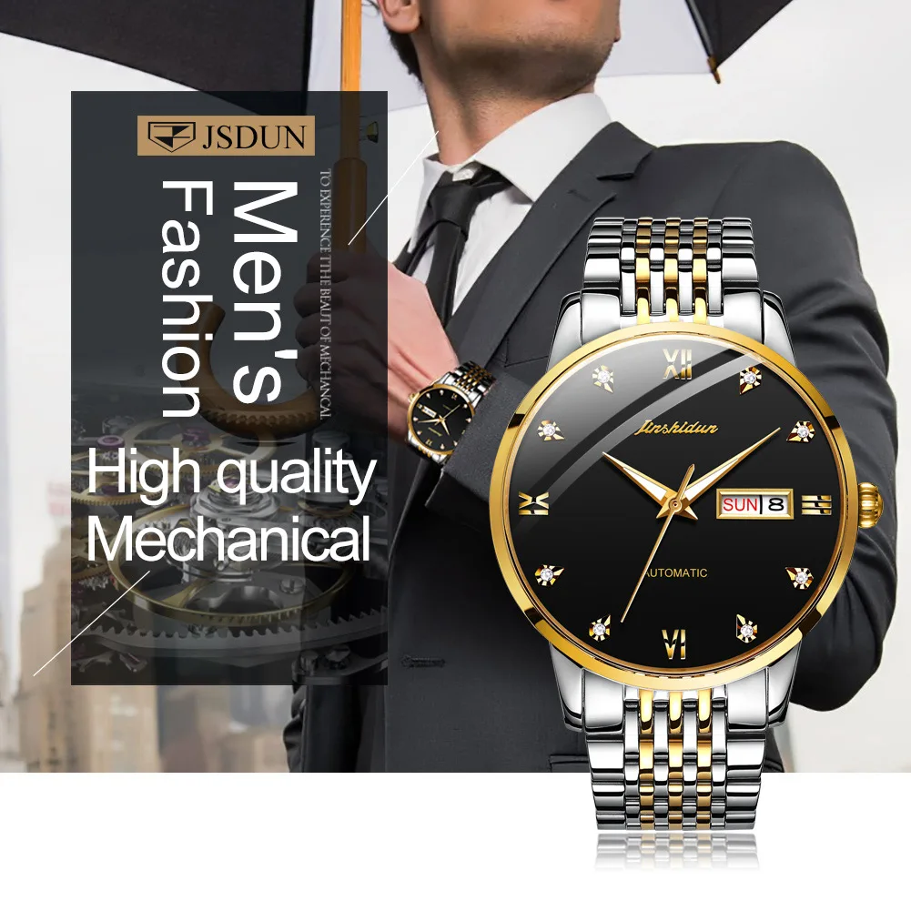 JSDUN 2021 новые модные мужские механические часы со стразами дата золотые