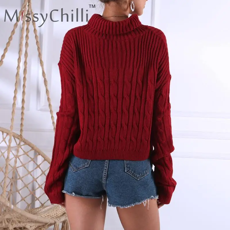 MissyChilli Wine red turtleneck jumper autumn sweater Winter woman knitting pullovers Long sleeve warm christmas | Женская одежда