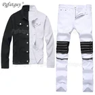 Мужская джинсовая куртка и брюки, комплект из двух предметов, черно-белая куртка с длинным рукавом и рваные джинсы на молнии