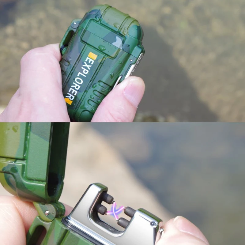 

Waterproof Dual Arc USB Electronic Lighter Strong Lanyard Cigarette Lighter With Safety Buckle Outdoor Camping Emergency Tools