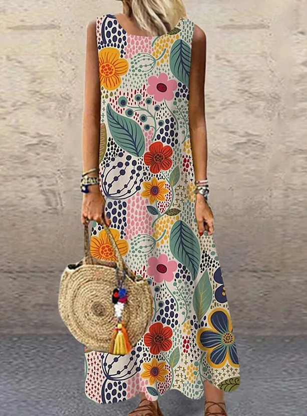 

Ethnic Boho Loose Printed Round Neck Vest Dresses Beach Floral Print Sleeveless Holiday Sexy Sling Maxi Dress Women's Clothing