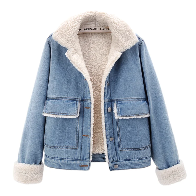 

New Winter Clothes Women Vintage Lamb Jeans Jacket Korean Plus Cashmere Thick Warm Loose Plus Size Denim Cotton Coat Female H951