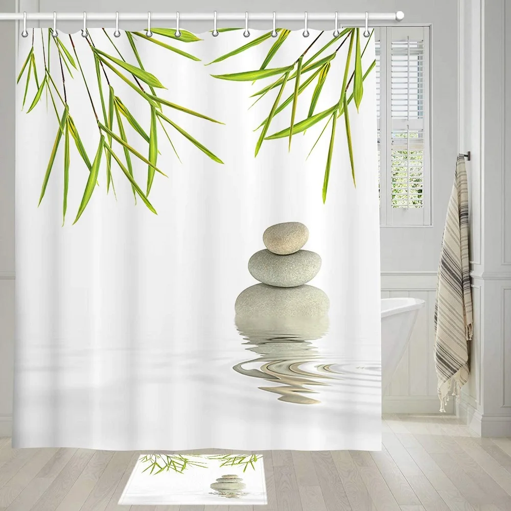

Занавеска для душа Zen Spa с зелеными бамбуковыми листьями и белыми булыжниками, экран для ванны с водными волнами, тканевая занавеска для душа...