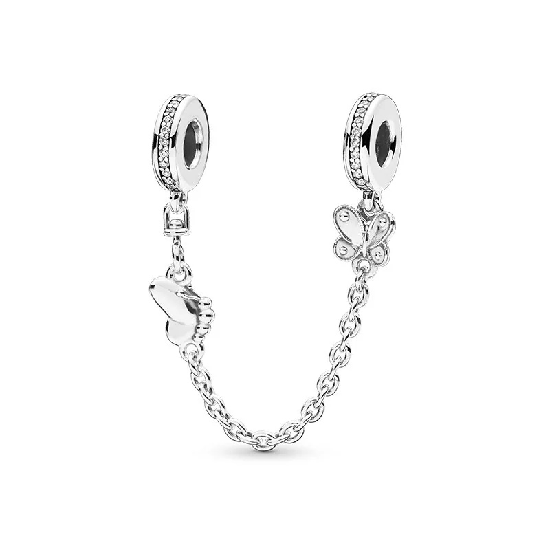 

Classic S925 Sterling Silver Decorative Butterflies Safety Chain Fit Original Pan Charm Beads Bracelet DIY Fashion Jewelry