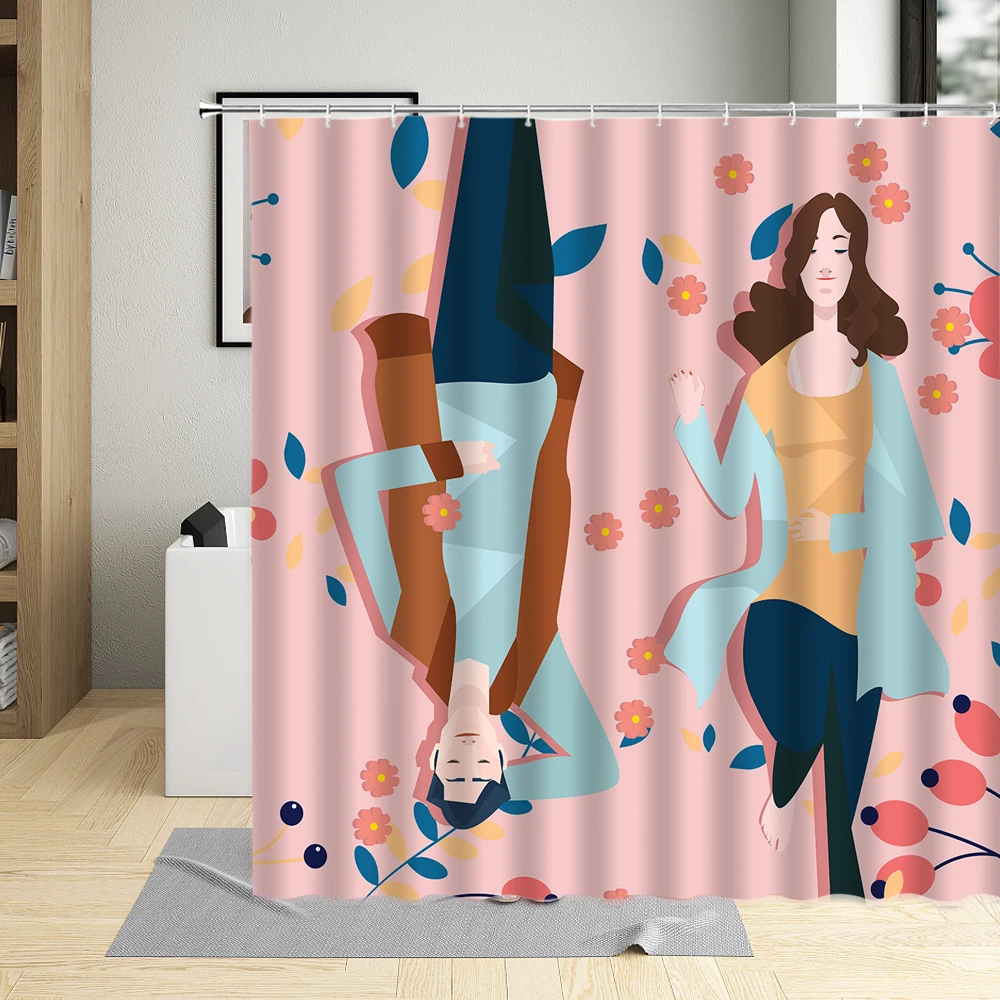 

Мультфильмы пары душ Шторы роспись фон иллюстрация, для ванной дома Водонепроницаемый с одной главной балкой с крючком моющиеся и декорати...