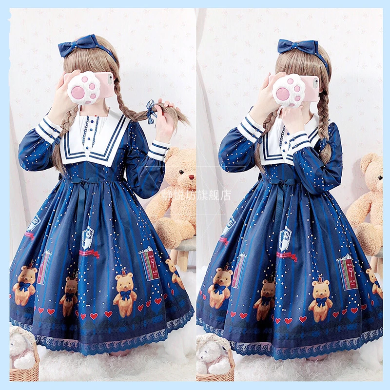 

Дворцовая принцесса, милое платье лолиты, Ретро стиль, кружево, бант, высокая талия, милый Принт, викторианское платье, кавайное, для девочек,...