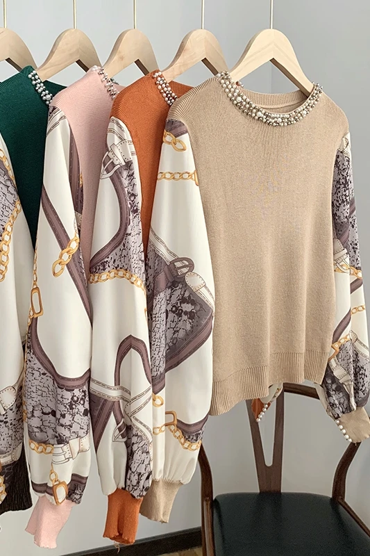 

New Spring Printed Sleeve Splicing Knitted Top Women's Fashion Button Sleeve Sweater