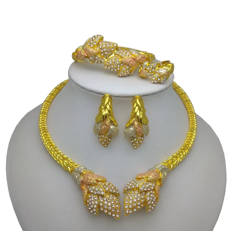 

Kingdom Ma African Nigerian Wedding Bridal Gold Color Big Jewelry Set Dubai Necklace Bracelet Earrings Ring Crystal Sets