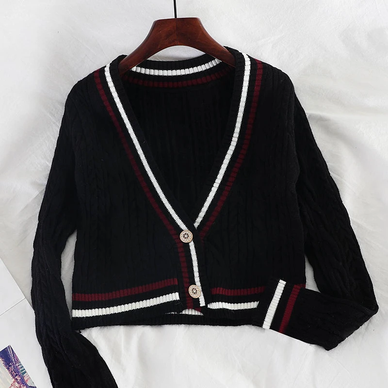 

PEONFLY New 2020 Autumn Korean Style Cardigan Women Casual Single Breasted V Neck Knitted Coat Fashion Striped Loose Sweater
