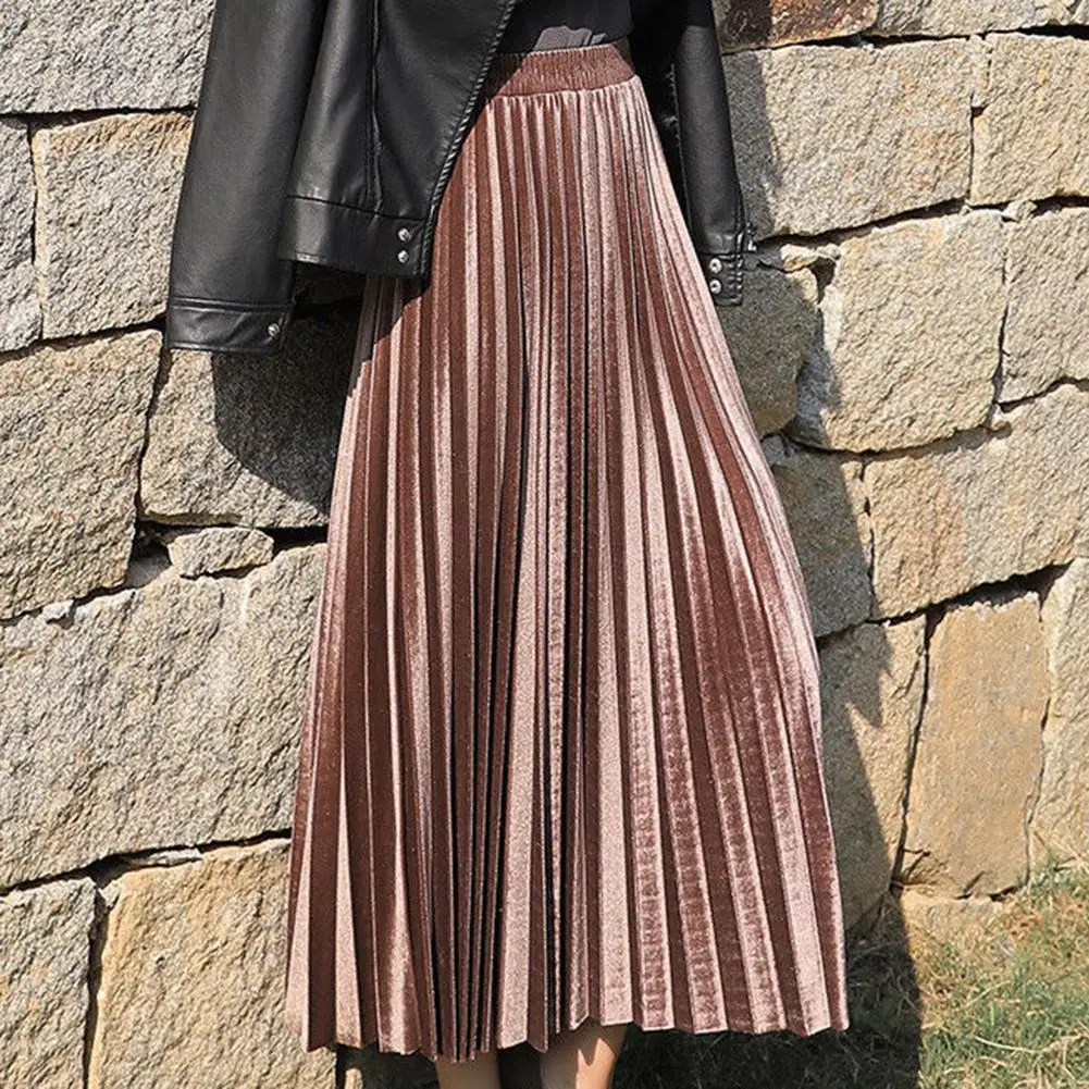 

Chic Women Solid Color Elastic Waistband Pleated Velvet Large Swing Long Skirt