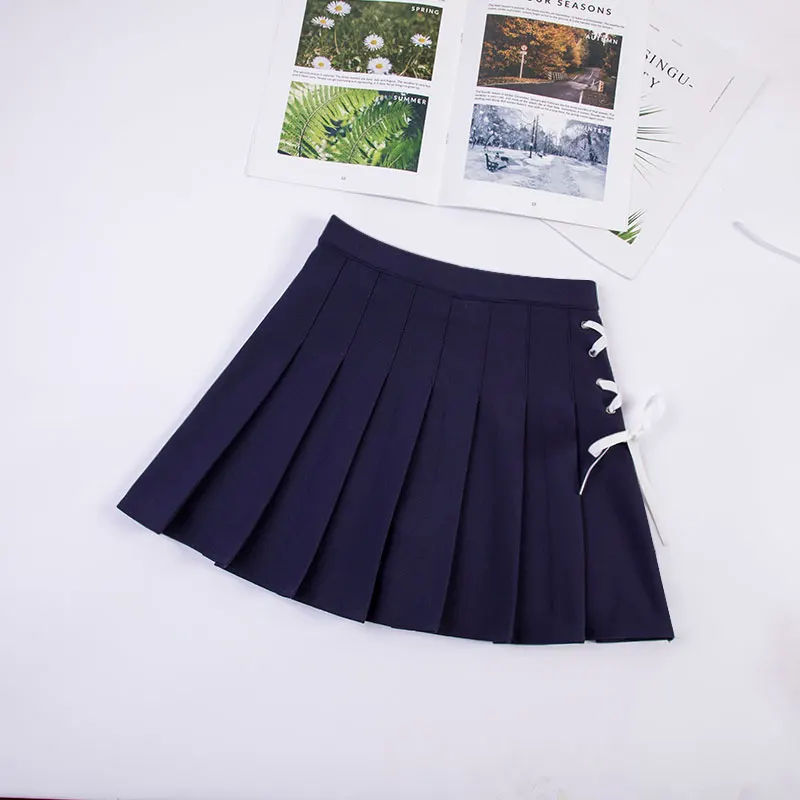 Dark blue Новинка, женский летний однотонный черный костюм, ткань, плиссированная юбка, школьные узоры, консервативный милый стиль, юбка, большой размер, S-2XL, Корейская юбка - Цвет: Dark blue