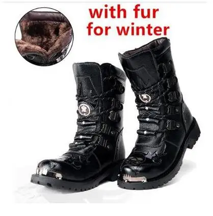Black with fur Военные ботинки зимние мужские мотоциклетные ботинки 19 модные теплые ботинки до середины икры в стиле панк мужские кожаные черные высокие повседневные ботинки - Цвет: Black with fur