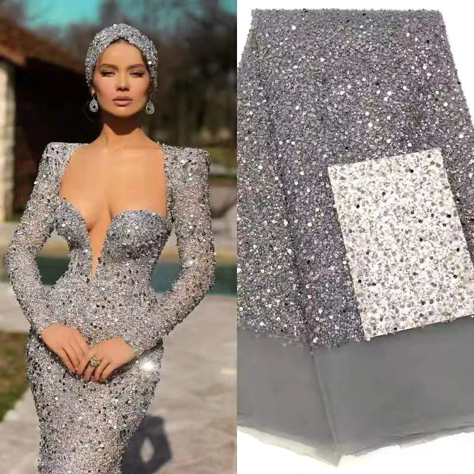 

Multicolor Shiny French African Sequins Net Tulle Heavy Beaded Lace Fabric Material 5 Yards for Wedding Party Dress/Clothes/Gown