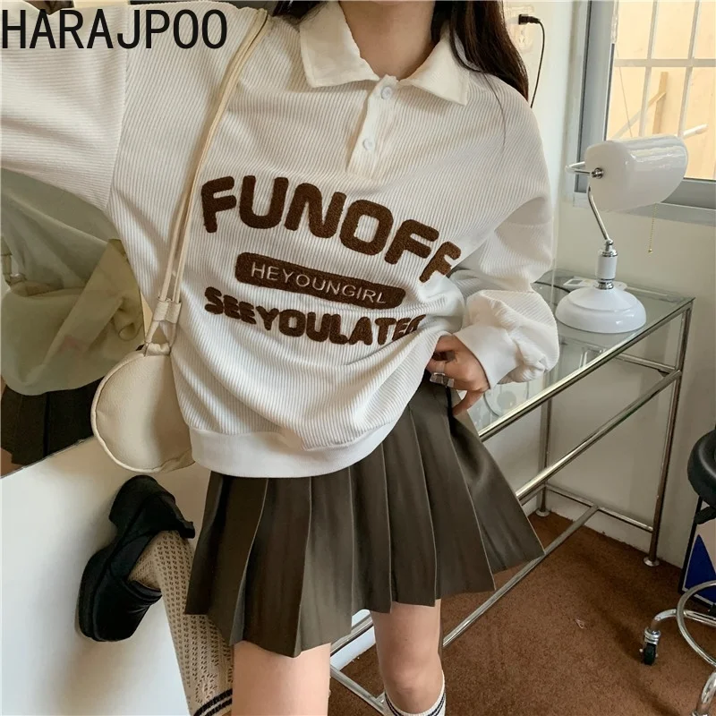 

Sweatshirt Harajpoo Woman Ins Corduroy Vintage Harajuku Letter Printed New Lapel 2021 Spring Fall Casual Pullover Long Sleeve