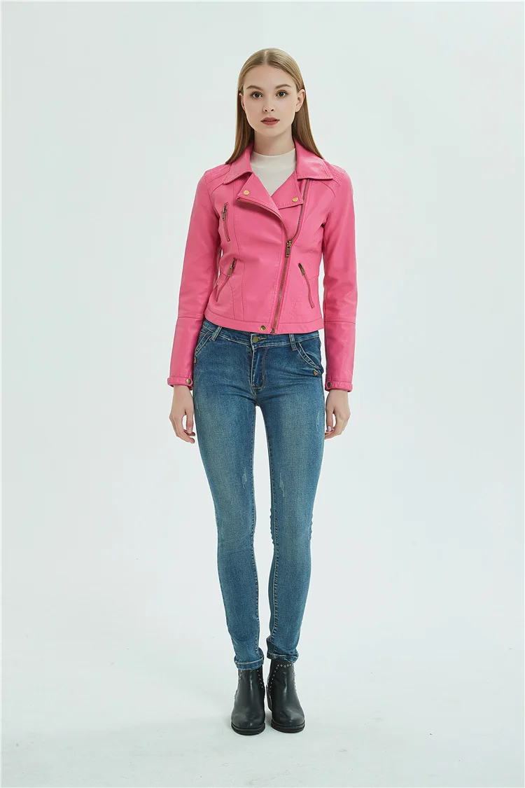 

J3941 -spring and autumn leather women's short fit Pu Lapel fashion small leather locomotive leather jacket Korean short coat