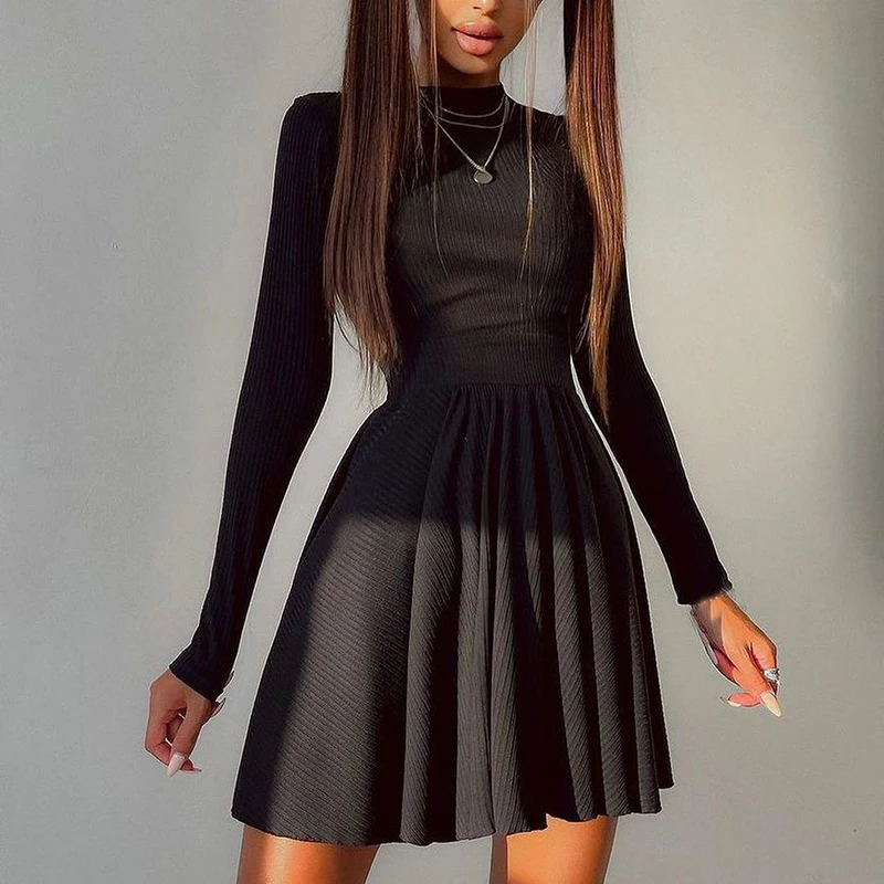 

Мини-платье ТРАПЕЦИЕВИДНОЕ для женщин, однотонное короткое платье с длинным рукавом, круглым вырезом и вырезом на спине