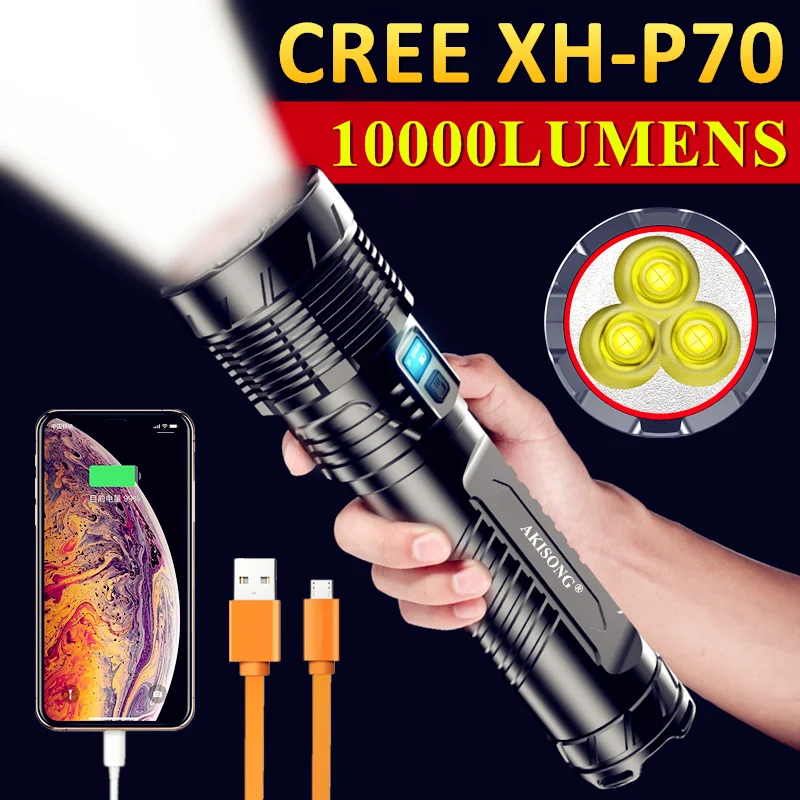 

3 × CREE XHP70 Outdoor Hunting High Power LED Powerful Flashlight USB Charging Lantern Camping Lighting Tactical Torch