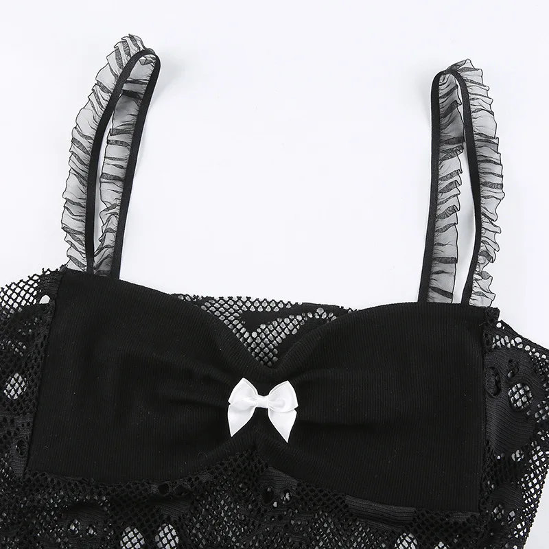 

Gothic Skull Graphic Embroidery Crop Top Sexy Mesh Patchwork Transparant Bodycon Black Camis Women Sleeveless Clubwear