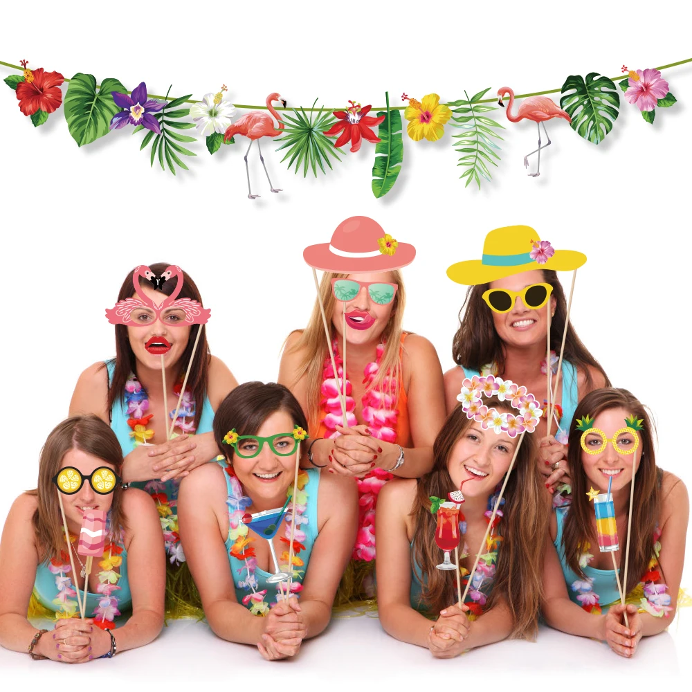 

BA148 Hawaii Summer Beach Party Palm Leaves Flowers Flamingo Animals Design Banner for Kids Party Happy Birthday Party Banner