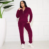 activewear sporty two piece set velvet tracksuit for women zipper up long sleeve hooded jacket and straight pant matching outfit
