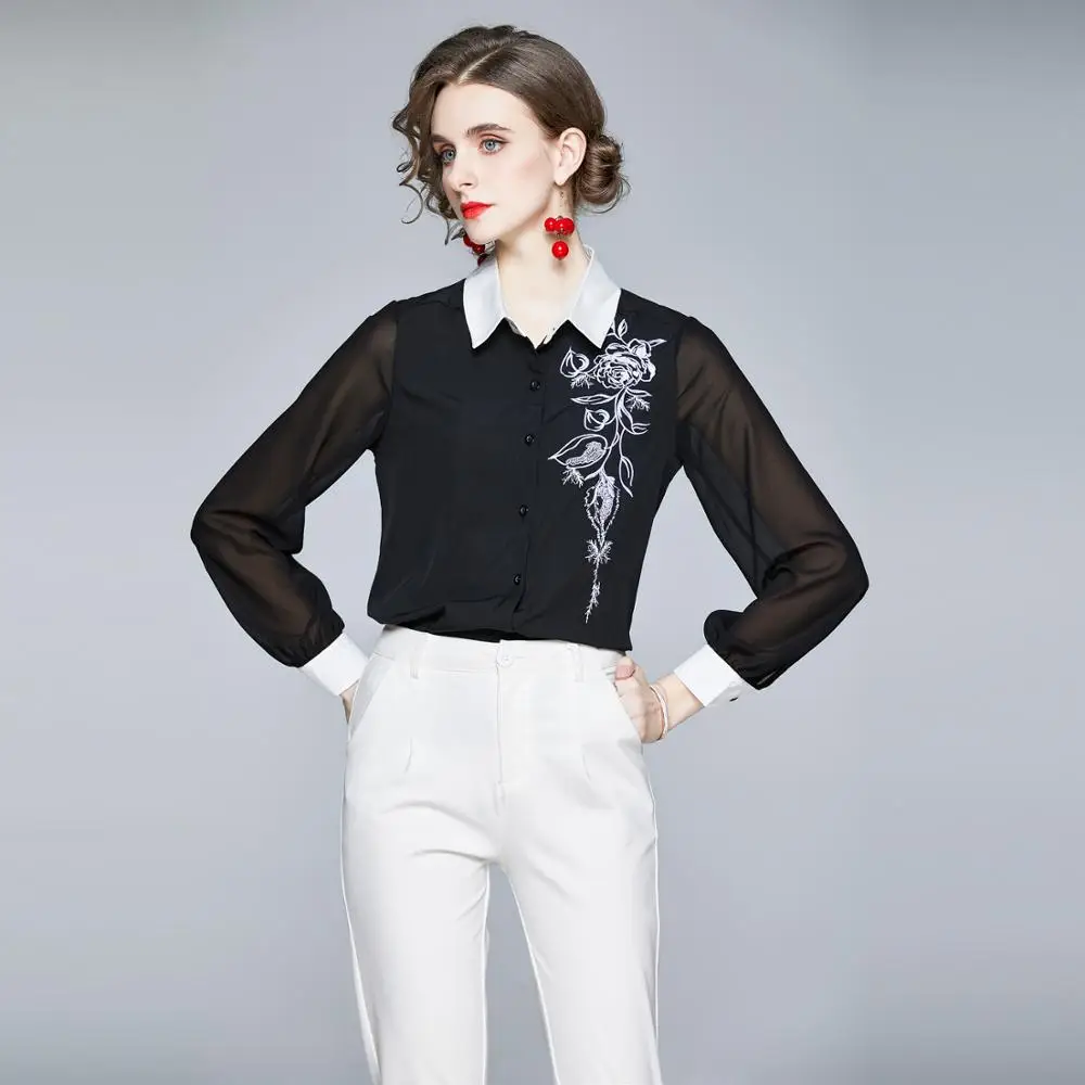 

Elegant Office Lady Women Spring Blouses and Shirts Long Sleeve Turn Down Collar Flower Embroidery Sexy Blusas Feminino Tops
