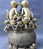 China brass Feng Shui wealth Ingots ruyi Money bag 3 monkey Zodiac animal statue