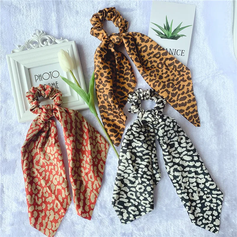 

Woman Leopard Hair Ties Printed Scrunchies Ribbon Elastic Hairband Girls Ponytail Holders Charming Hair Accessories Band