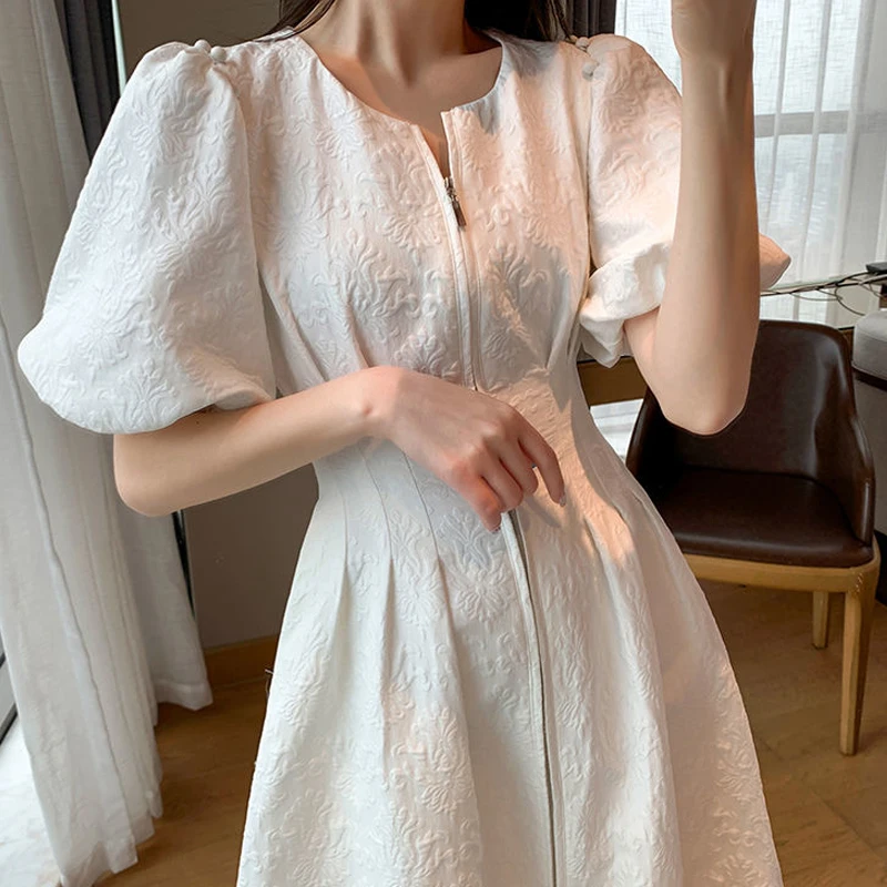 

French Short Sleeve Elegant Midi Dresses Women Casual Vintage Dress Office Ladies One Piece Dress Korean A Line 2021 Summer Chic