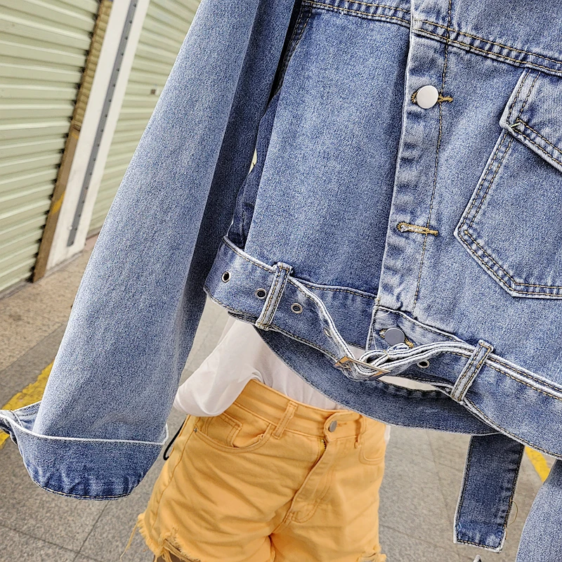 Женская джинсовая куртка с длинным рукавом Короткая синяя в Корейском стиле