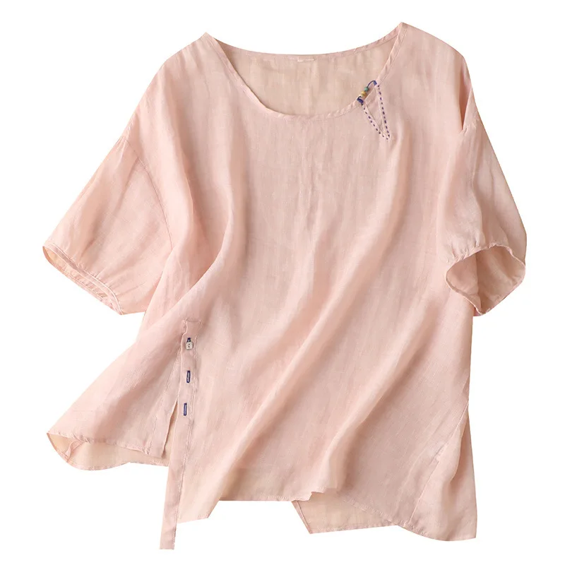 

SHUCHAN Thin Summer Chinese Style Ramie O-Neck Button Women Shirts Blouses Ladies Tops Short Sleeve Blusas Mujer