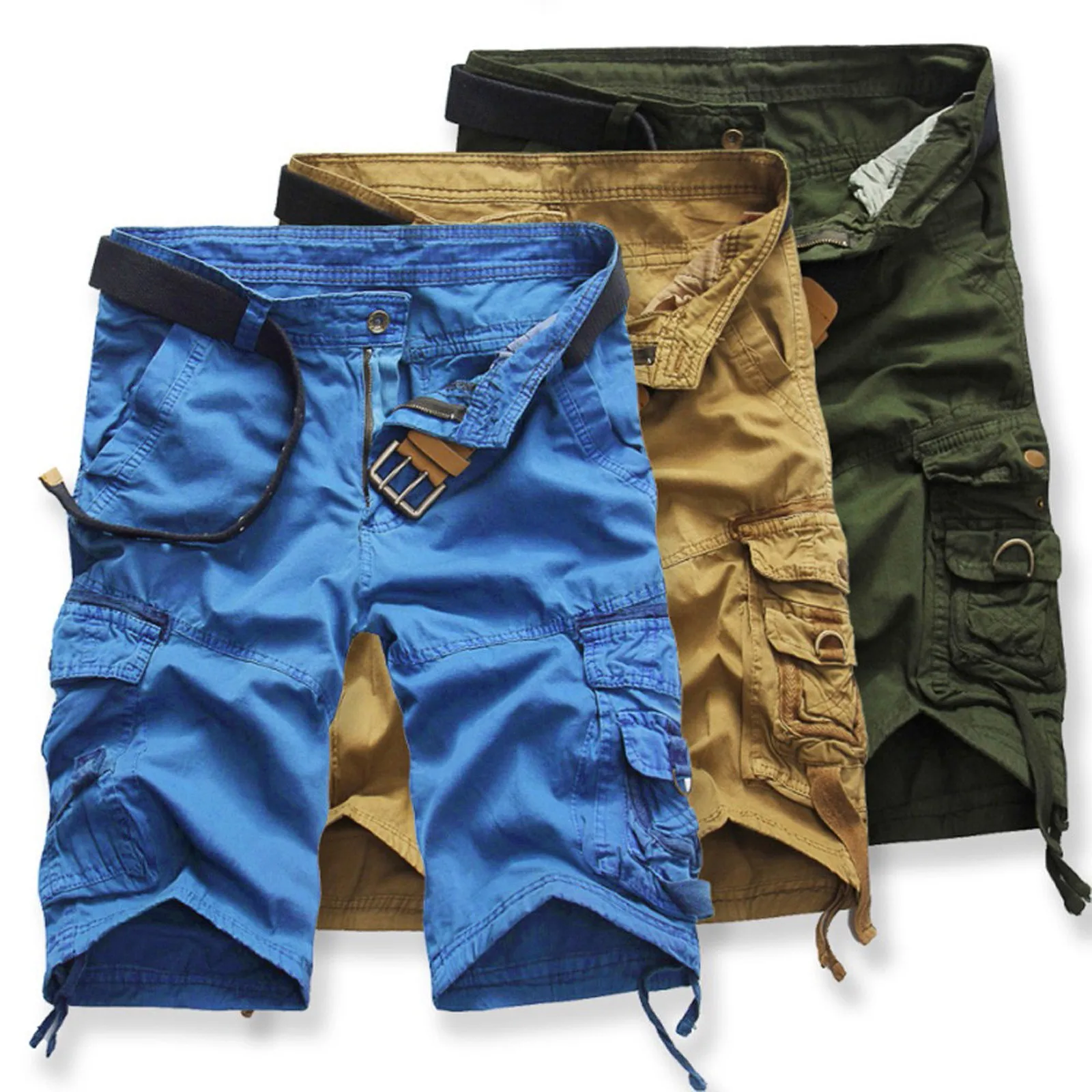 

2021 Fashion Mens Solid Colors High Waist Pockets Beach Work Casual Streetwear Loose Military Cargo Shorts Pantalones Hombre#g3