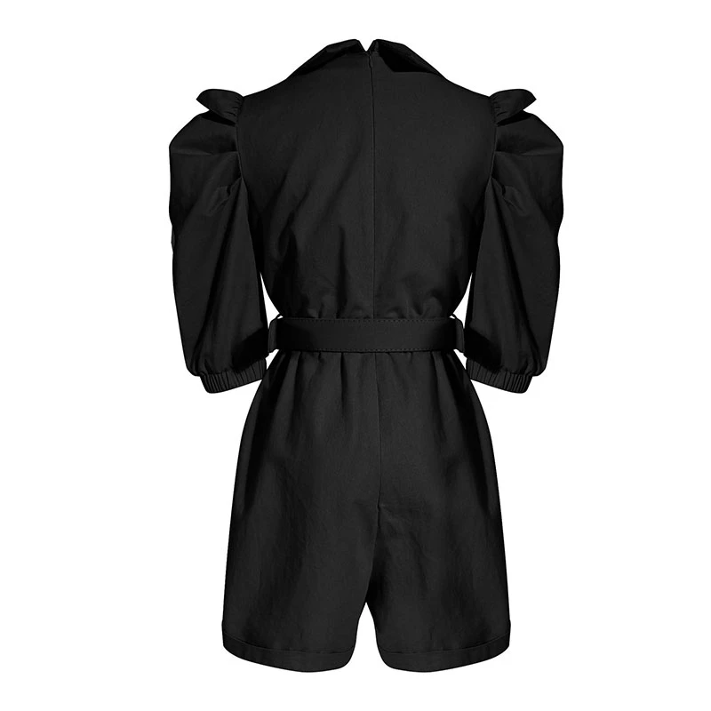 

SeeBeautiful Loose Playsuits Female Belt Buttton V-neck Stitch Hollow Lace Lantern Sleeve Jumpsuits Spring 2021 New Fashion L189