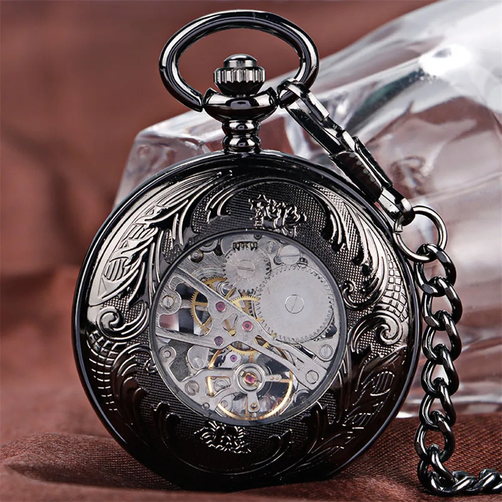 Hollow Golden DAD Retro Black Manual Mechanical Pocket Watch Men Arabic Numerals Display Pendant Antique Hand Winding Clock