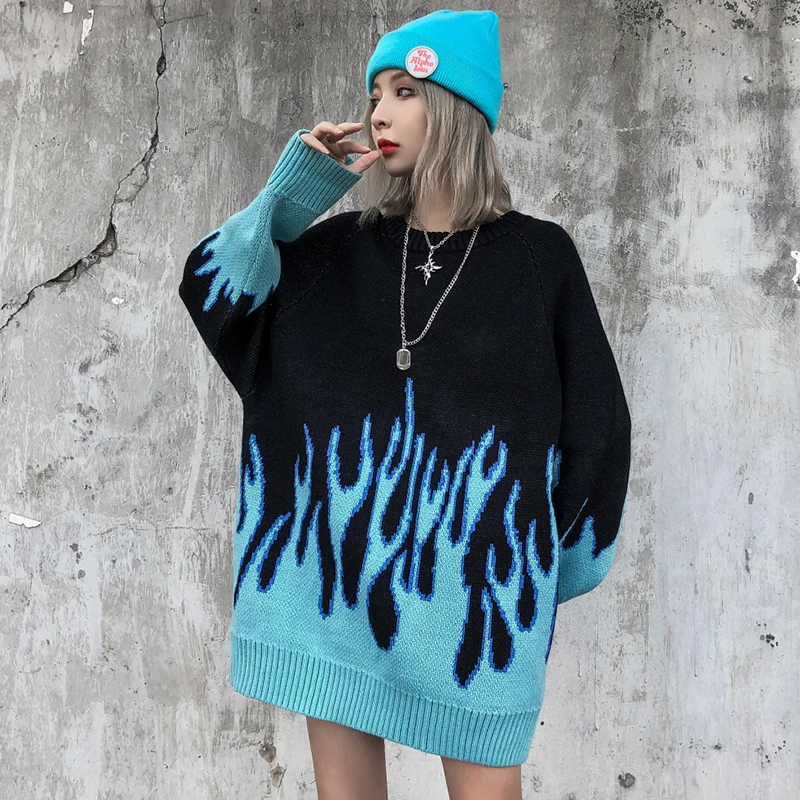 

Flame Crew Neck Knitwear Jacquard Women's Sweater Hip Hop Sweater Pullover Hipster Sweater Woman Clothing