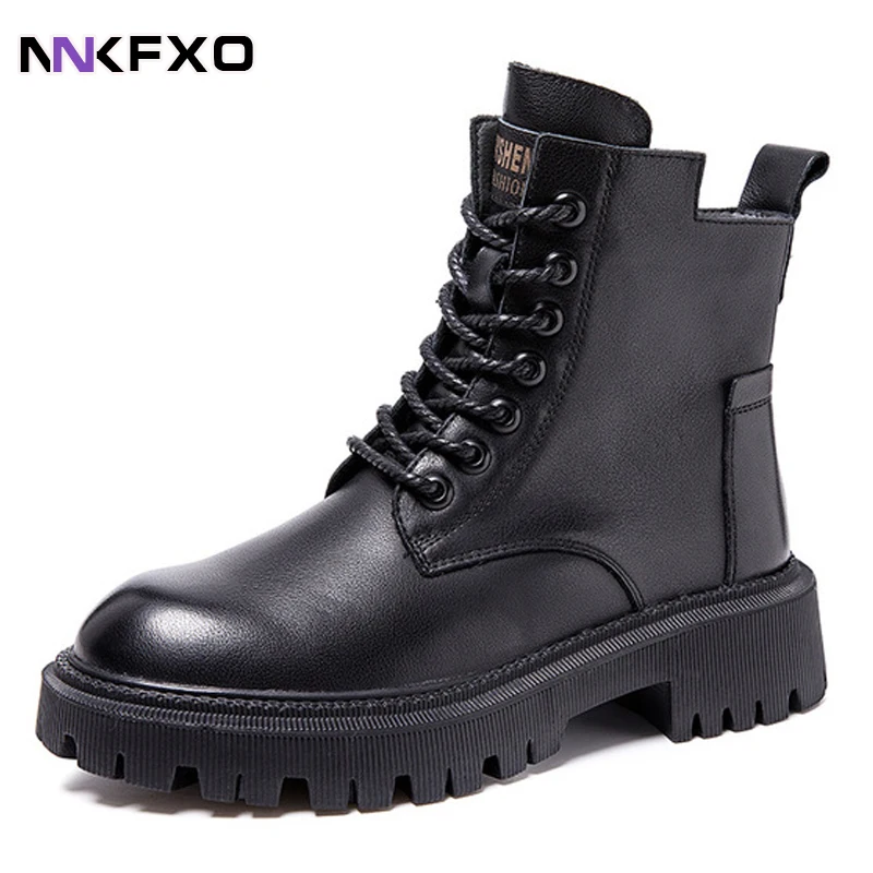 

Winter Women Ankle Boots Black Genuine Leather 2021 Fashion Autumn Warm Fur Motorcycle Non-slip Waterproof Female Platform Boots