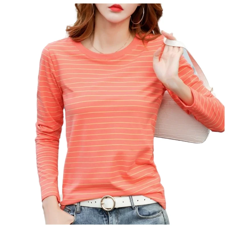

Long Sleeve Tshirt Women's Spring And Autumn Casual Cotton Tee Women‘s Loose Tshirt O Neck Striped Bottom Shirt