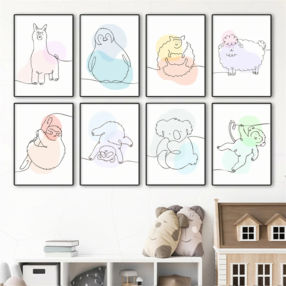 Скандинавская настенная Картина на холсте коала альпака ленивая Овечка линия