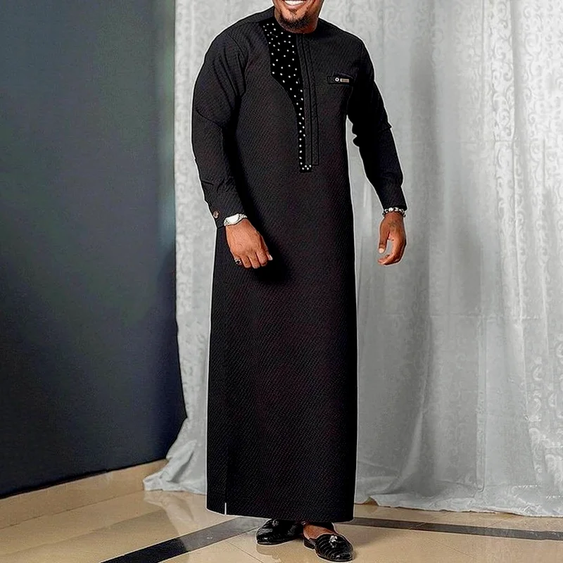 Blue African Dress Dashiki For Men 2022 Tradition Riched Man Long Sleeve Color Block Round Neck Male Plus Size Long Shirt Casual