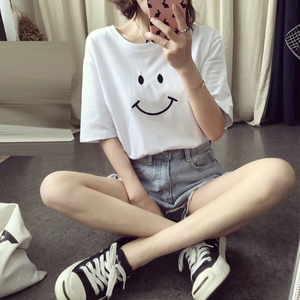 Новинка одноцветная женская футболка со смайликом повседневная хлопковая