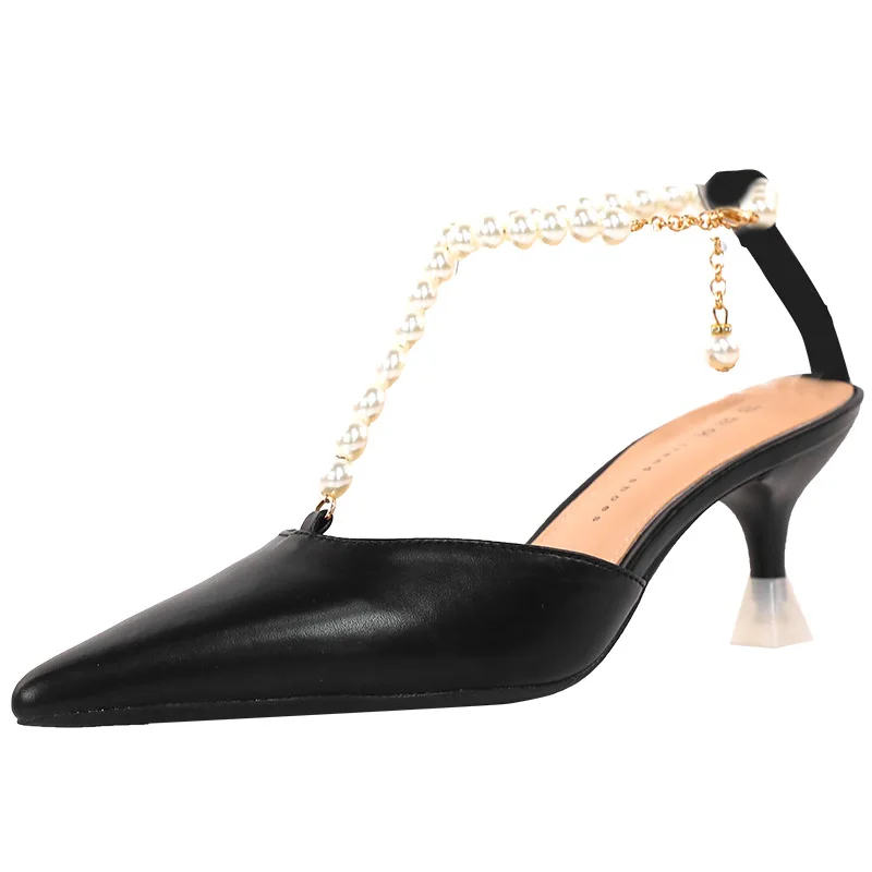 

2021 Summer Pointed Heel Sandals Shoes Buckle Strap Suit Female Beige Party New Stiletto Fashion Pearl Comfort Girls Black Low